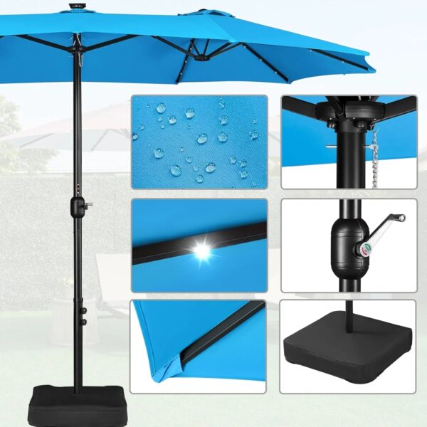 15 ft Large Patio Umbrella with Solar Lights Double-Sided Outdoor Rectangle Market Umbrellas with 36 LED Lights/Base Included/Easy Crank for Patio...