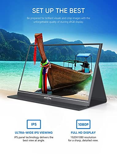 ARZOPA Portable Monitor, 15.6'' 1080P FHD Laptop Monitor USB C HDMI Computer Display HDR Eye Care
