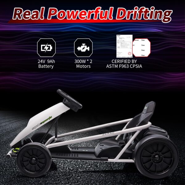 24V Go Kart for Kids 8-12, 300W*2 Motors, 9Ah Battery, 8MPH Speed, Music, Horn, 175lbs Max Load White