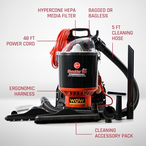 Hoover Commercial Shoulder Vac Pro Backpack Bagged Vacuum Cleaner, with HEPA Media Filter, Lightweight with Extra Long Cord, Chiropractic Design,...