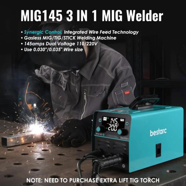 145A MIG Welder, 110V/220V Dual Voltage Gas/Gasless Flux Core MIG Welder/Lift TIG/Stick 3 in 1 Synergic MIG145 9GEN Welding Machine, Flux/Solid...