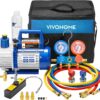 A single-stage rotary vane air vacuum pump with 110V, 1/3 horsepower and 4 cubic feet per minute, as well as an R134a AC manifold pressure gauge...